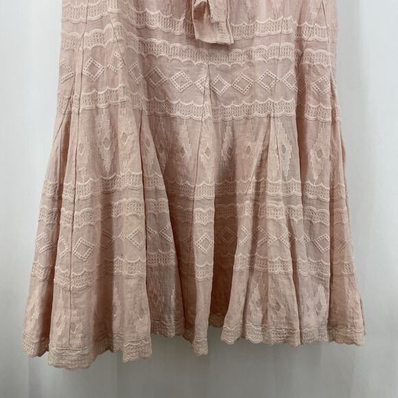 Rebecca Taylor Size 6 Pink Geo Eyelet Tie Front Dress V-Neck Embroidered Boho - Picture 3 of 10